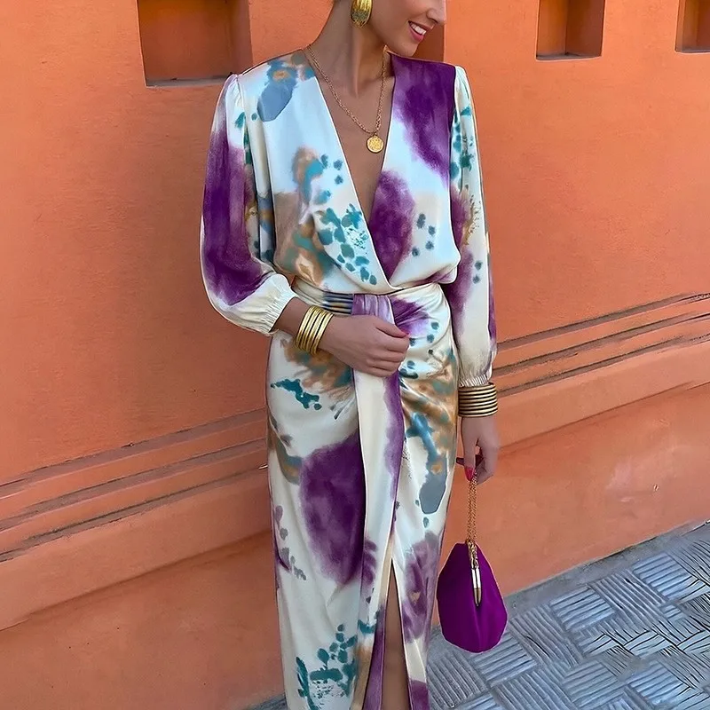 

Women's Matching Sets Summer Holiday Outfits Elegant V Neck Wrap Casual Split Hem Skirt 2-piece Sets Long Sleeve Maxi Dress