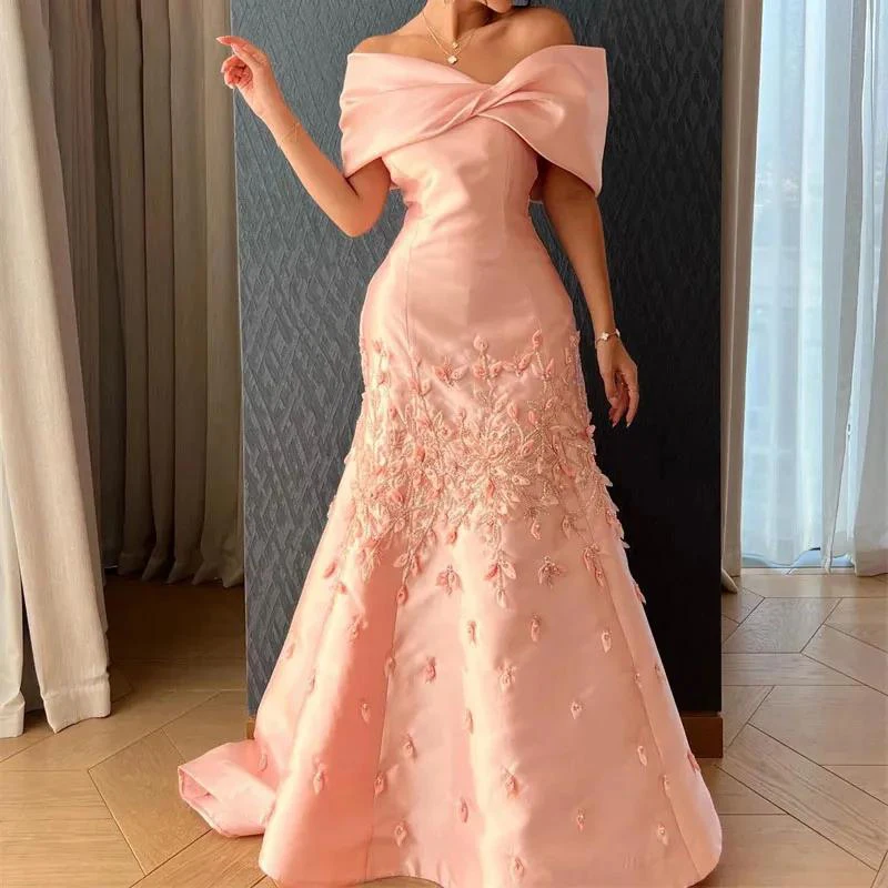 ROSELLA Pink Off Shoulder Women Evening Dresses A Line Floor Length Prom Gown 3D Flowers Beaded New 2023 فساتين الحفلات