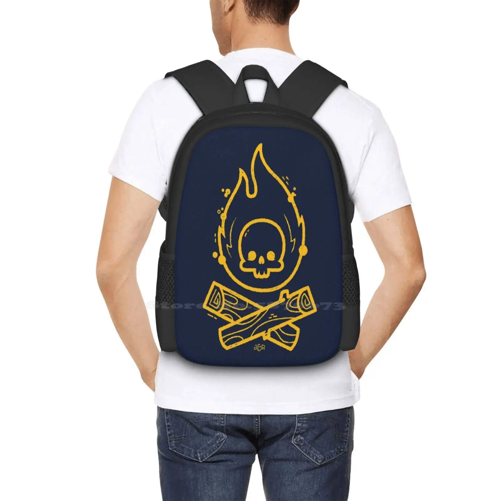 Camp atau Die desain pola Bagpack tas sekolah berkemah hutan Outdoorsy tengkorak dan Crossbones Hipster api tengkorak jalan