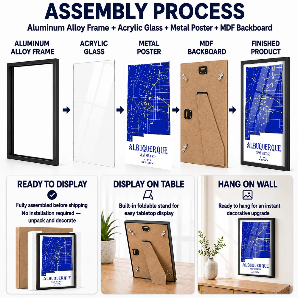 Albuquerque NM USA Street Map Metal Poster With Aluminum Alloy Frame Personalized Line Drawing Wall Art For Office Reception