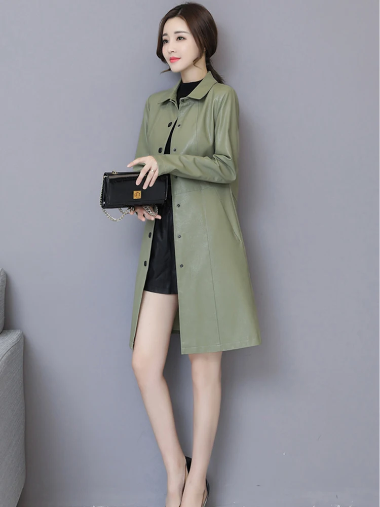 New Women Leather Coat Spring Autumn Fashion Chic Small Turn-down Collar Slim Sheepskin Tops Coat Long Split Leather Outerwear