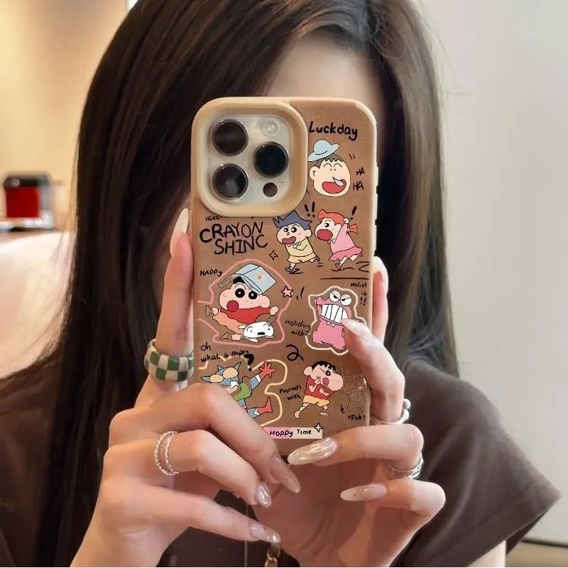 

Luxury Suede Cute cartoon cartoon Crayon Shin-chan snot Boochan Phone Case For iPhone 11 12 13 14 15 16 17Pro Max Anti-fur Cover
