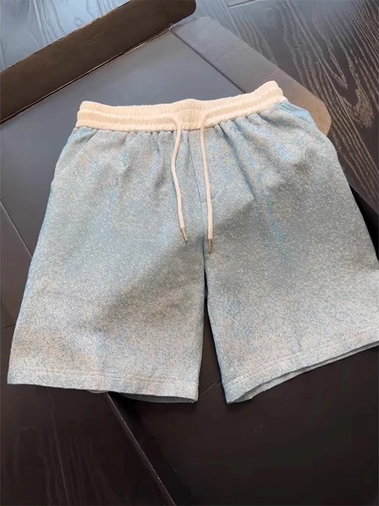 Mint Blue Dyed Floral Short Pants Men's Summer Casual Beachwear Loose Fit Four to Five Split Loose Color Block Shorts