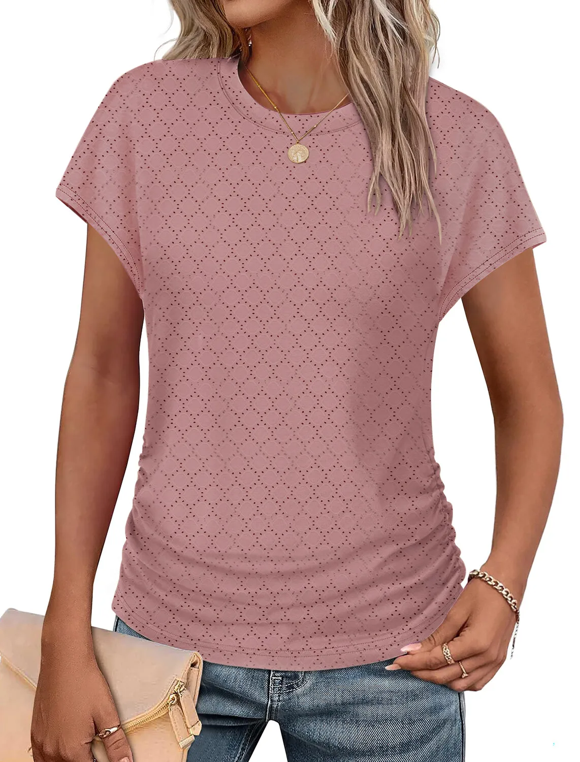 Womens Short Sleeve Summer Tops Solid T Shirt Round Neck Casual Sleeve Vintage Fashion Hollow Out Tee Tops