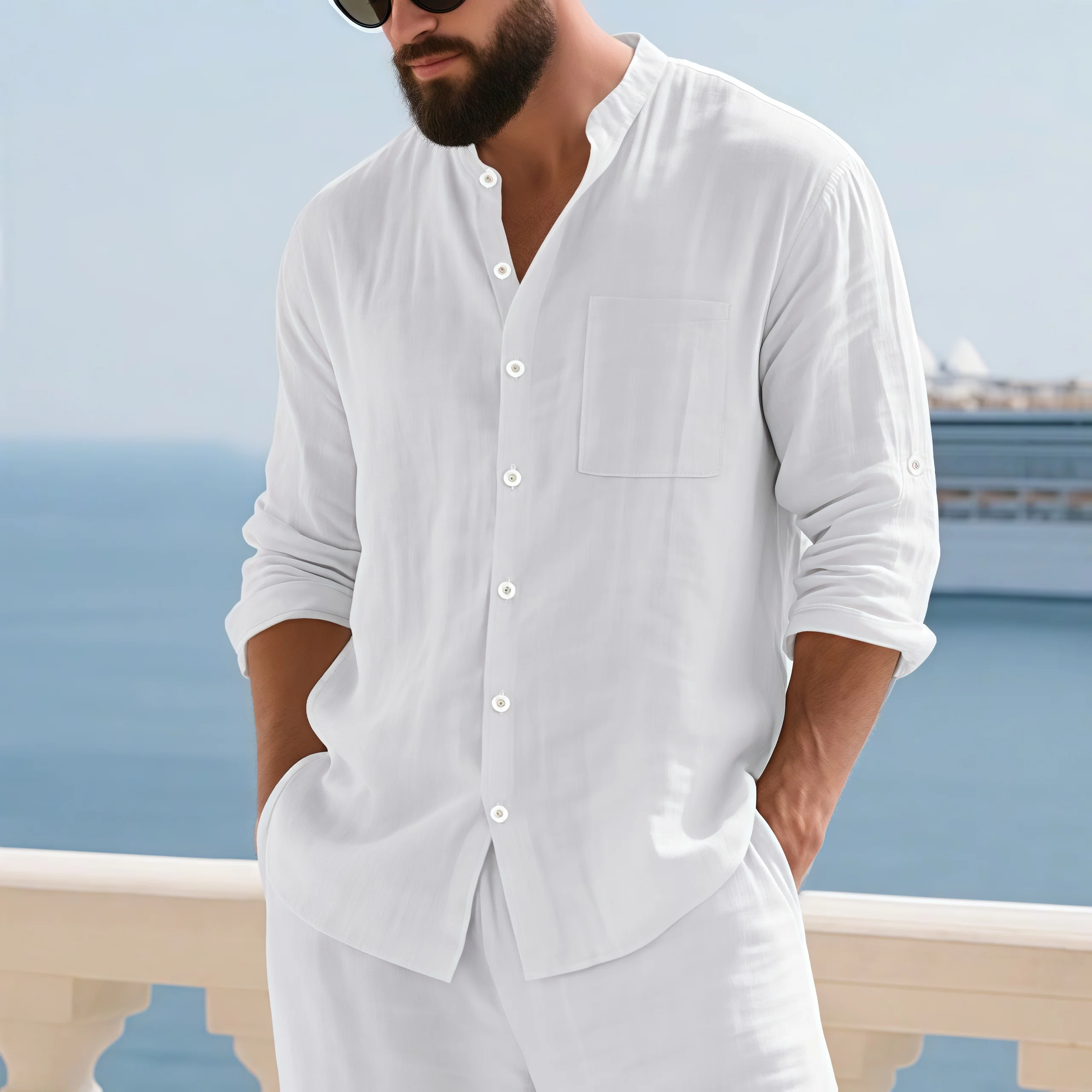 Camisa Masculina Branca de Linho com Botões, Manga Longa, Gola Mandarim, Bolso no Peito, Punho com Aba, Solta, Oversized, Respirável, Texturizada, para Praia, Férias e Lazer