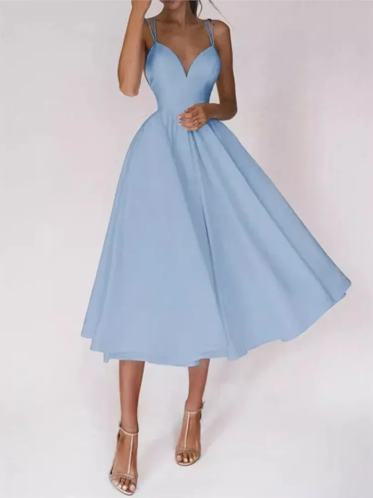 2024 ใหม่สปาเก็ตตี้Midi Party Dressesผู้หญิงสีทึบเซ็กซี่VคอBacklessอารมณ์Elegant LadyพรหมชุดVestidos