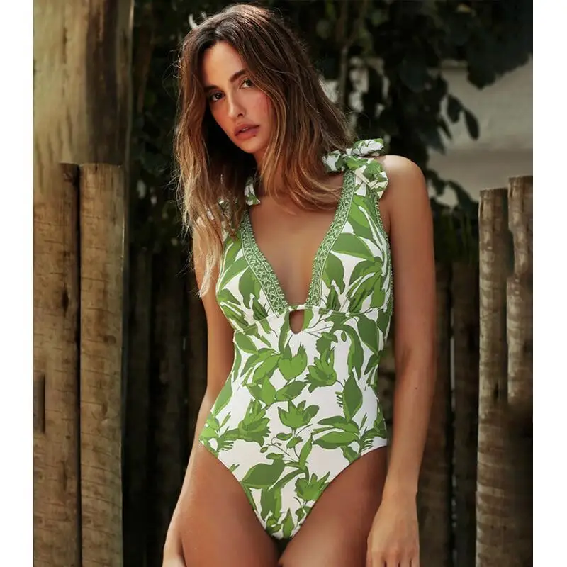 Flaxmaker 2026 Summer Tie Shoulder Green Leaves Print Swimsuit Set Sexy V Neck Sleeveless Swimsuit Set Vintage Printed Swimwear
