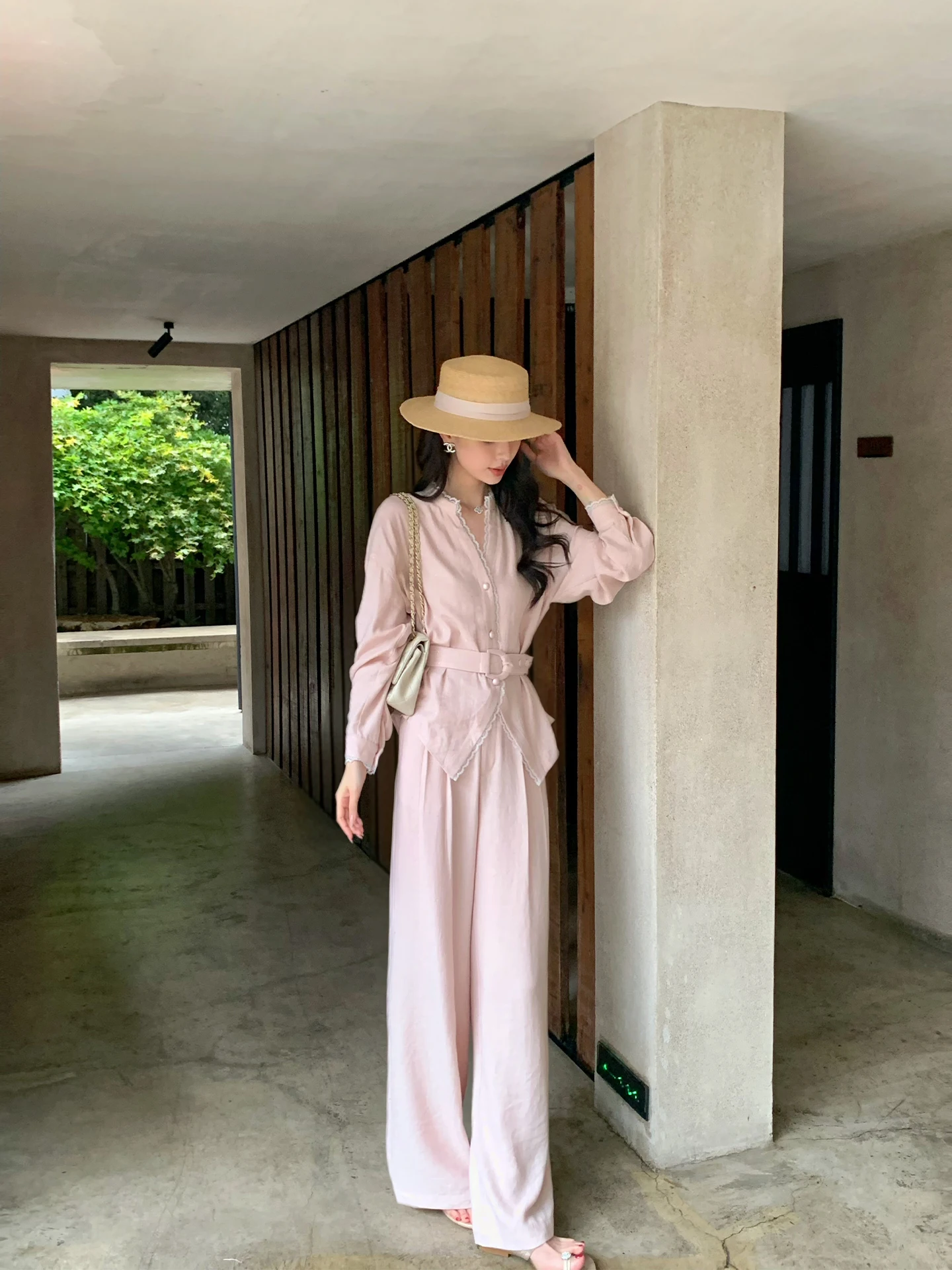 

Kun Total European Simple Style Lace Linen Wide Leg Pants Women's Spring Shirt Top Bottoms Two Piece Set Fashionable Casual