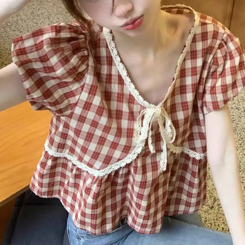 Stylish Lace Spliced Vintage Plaid Shirt Summer Short Sleeve Casual V-Neck Female Clothing Korean Sweet Drawstring Bow Blouse