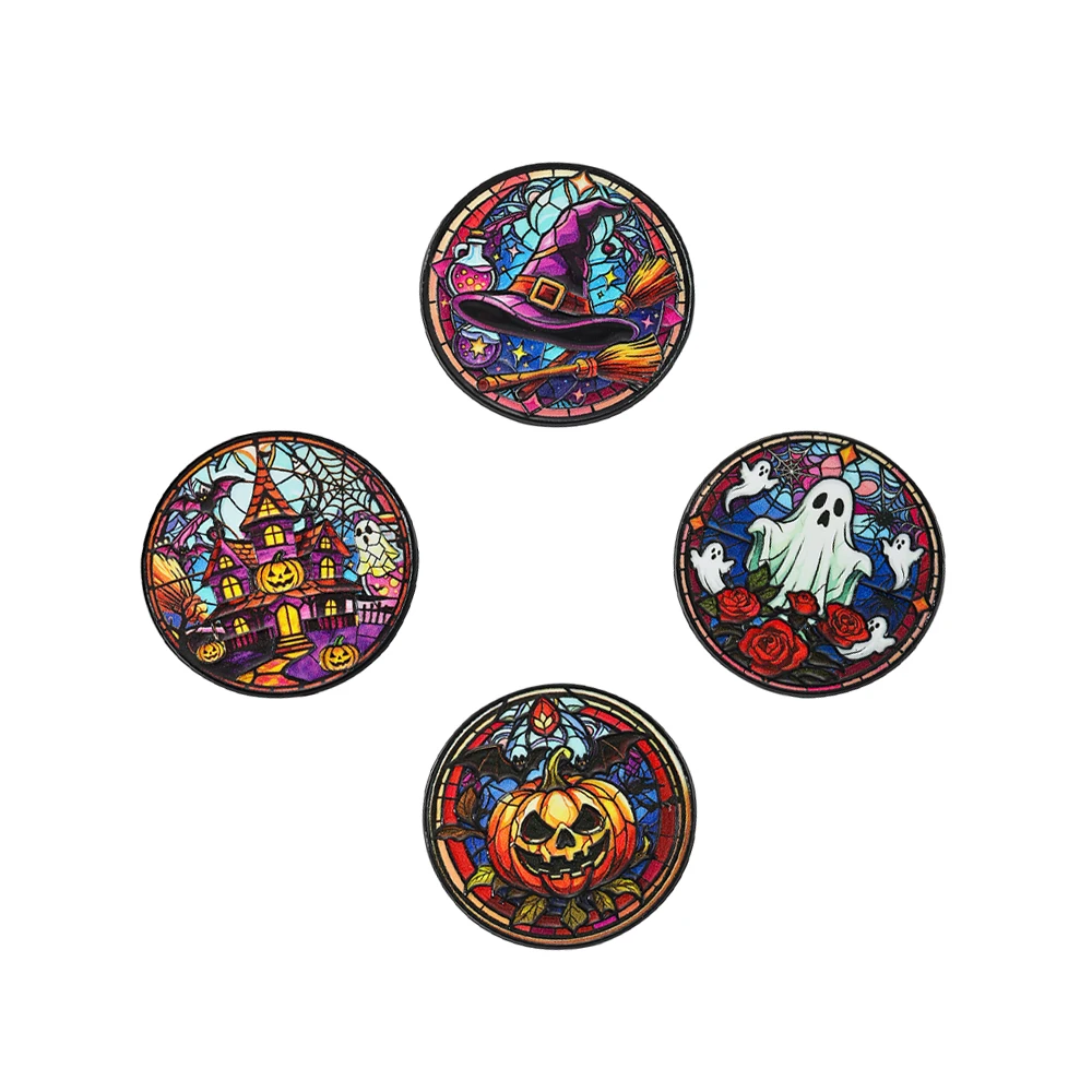 4 Pack Halloween Stained Pattern Enamel Lapel Pins Gothic Witch Pumpkin Ghost Haunted House Brooch Set
