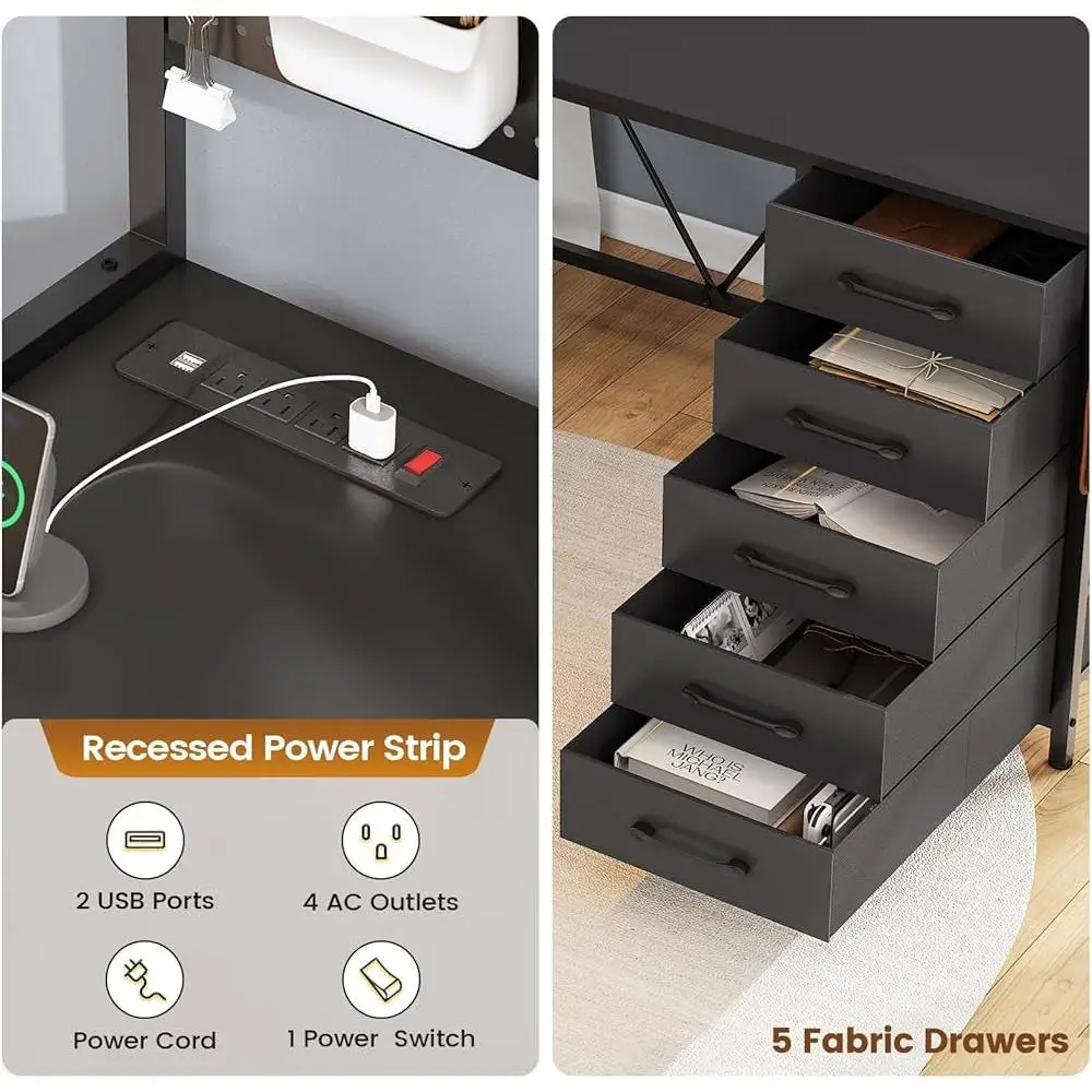 L Shaped Gaming Desk with Hutch and Storage Drawers LED Lights Pegboard Display Cabinet Power Strip Modern Computer Desk