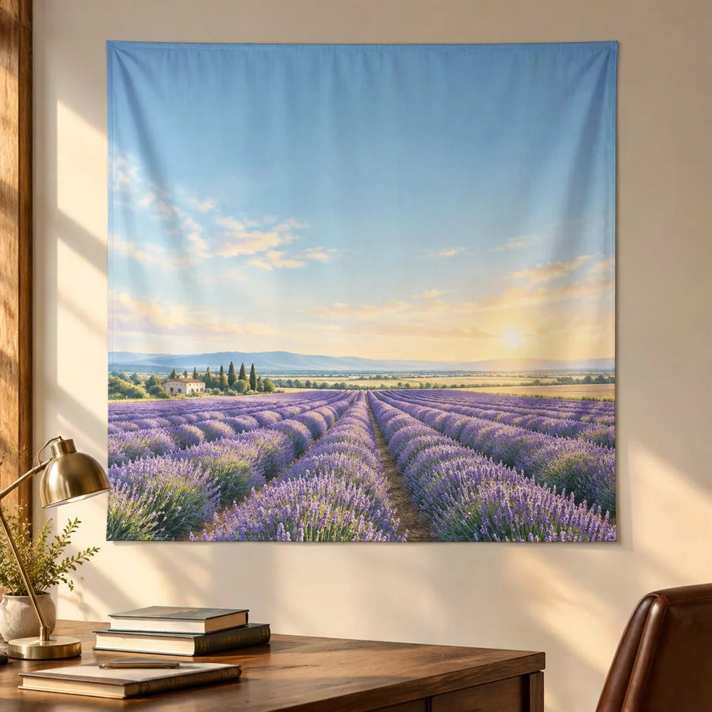 VIKAMA Lavender Field Tapestry Wall Hanging, Misty Landscape Wall Art, Provence Decor for Bedroom Living Room Study Bathroom