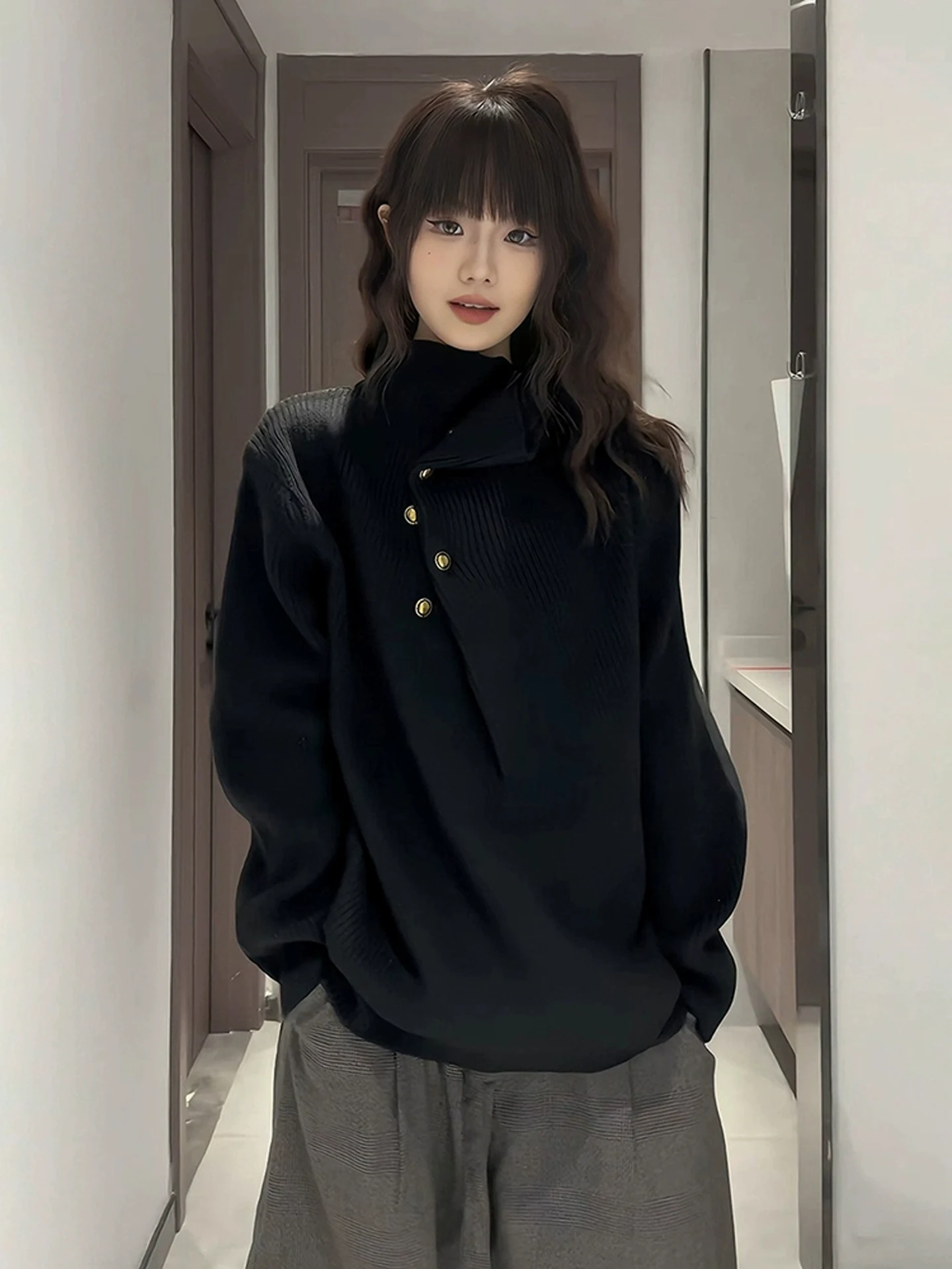 

Bla Irregular Button High Collar Men's Knitwear Winter American Casual Sle Inner Wear Loose Fit Comfortable Soft Long Sve