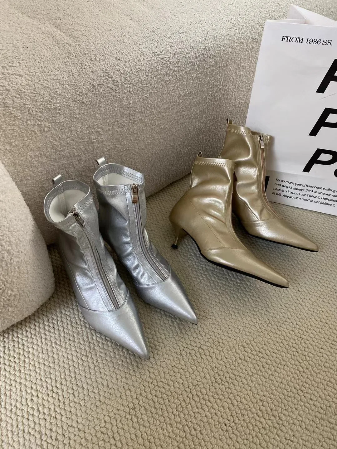 Gold Silver Pointed Toe Women Ankle Boots 2024 New Arrivals Front Zipper Thin Mid Heels Short Stretch Sock Boots Woman Size 39