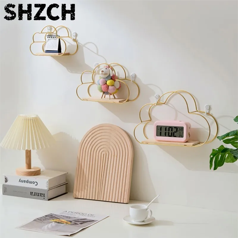 Creative Cloud Style Iron Shelving Wall Shelf Wooden Clapboard Nordic Home Decoration Children Room Decor Display Stand ZG96