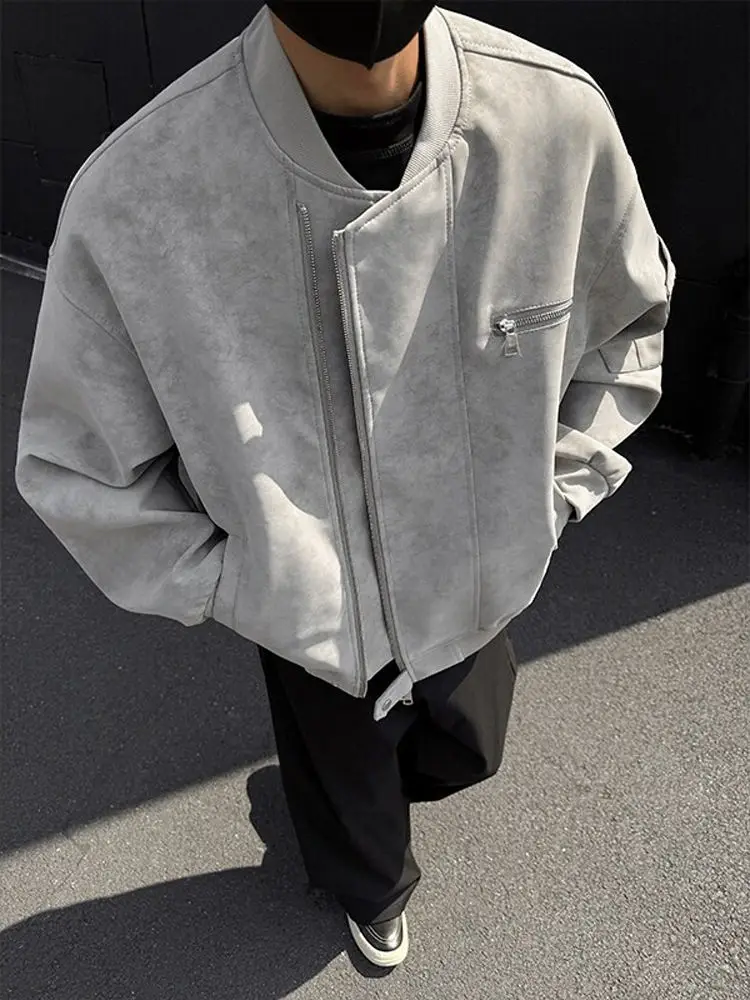 Cool Men's Dyed Leather Jacket Short Biker Style Washed out American Retro Workwear Jacket Youth Fashion Spring 2025