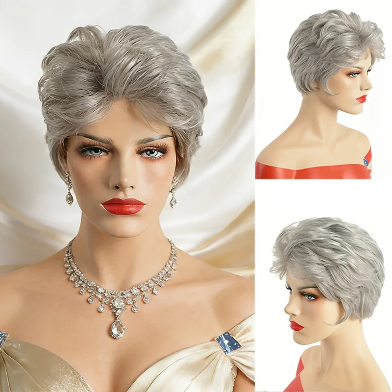 

Серебристо-серый короткий парик с челкой, модный женский парик из натурального синтетического волокна, полностью короткие кудрявые волосы, подходят для различных случаев, удобны для ношения.
