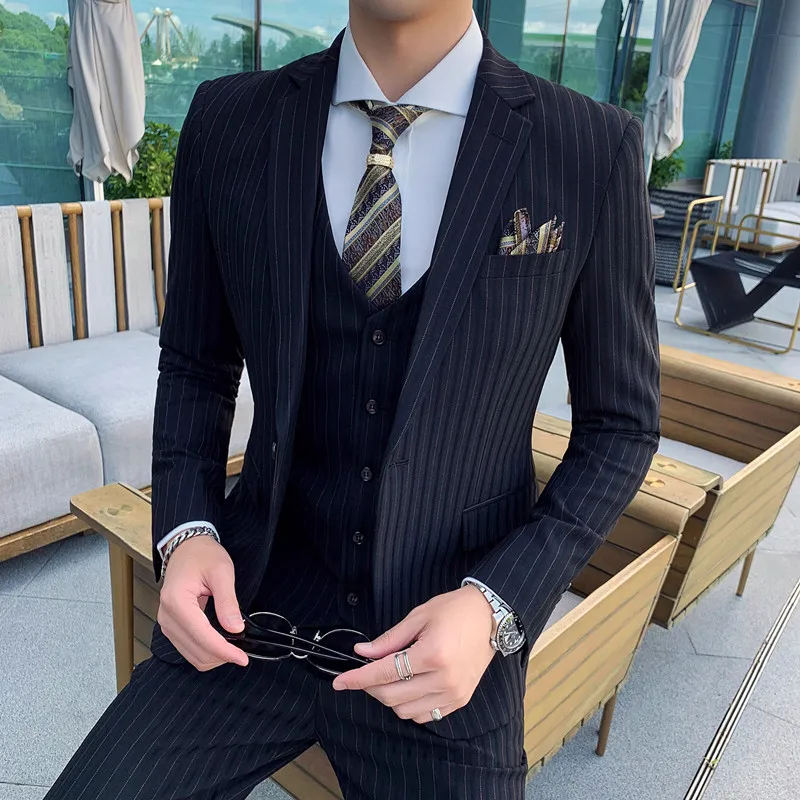 

2024 High-end Striped Men's Wear (suit + Vest + Trousers) Wedding Suit Stylish and Handsome with A Three-piece Suit Business