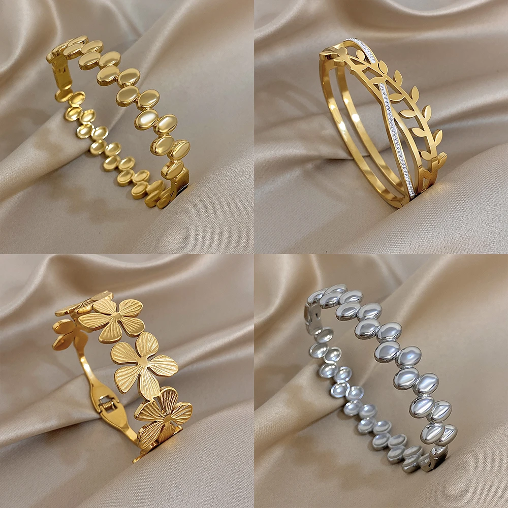 Luxury Leaf Oval Bead Bangle Stainless Steel Gold Plated Zircon Flower Stackable Jewelry Clasp Cuff Bracelet for Women Gift