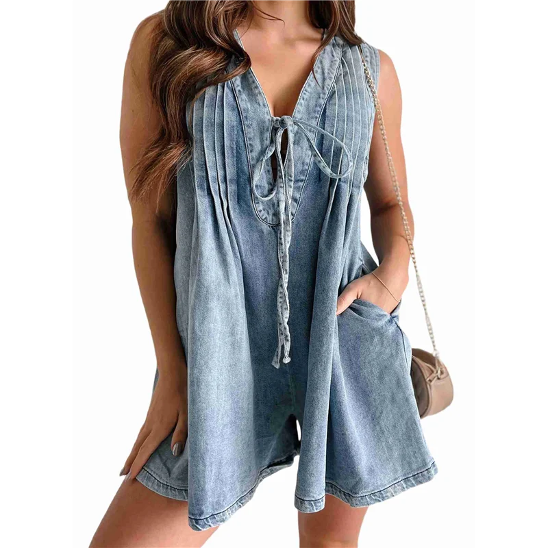 

Women's Sleeveless V Neck Shorts Denim Romper Tie Front Ruffle Jean Short Overall With Pocket