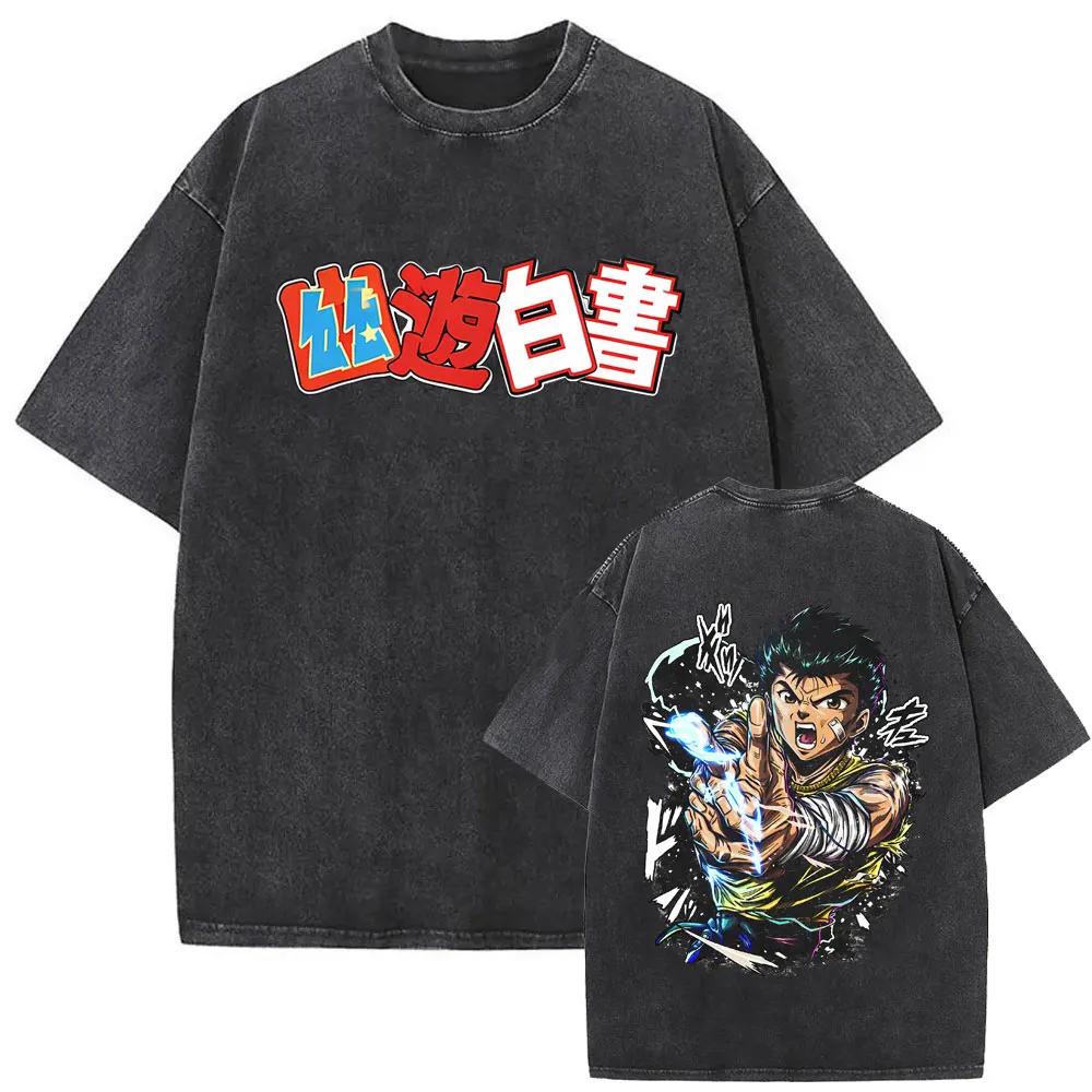 

Washed Vintage Anime YuYu Hakusho Urameshi Yuusuke Graphic T Shirt Men Women Casual Oversized T-shirt Male 90s Manga Streetwear