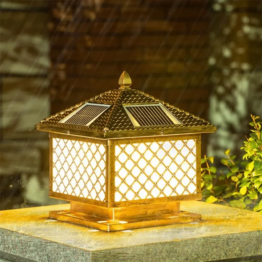 

Solar Outdoor Contemporary Column Lights Aluminum Metal Mesh Solar Post Lights Three Light Modes Industrial Pillar Table Light
