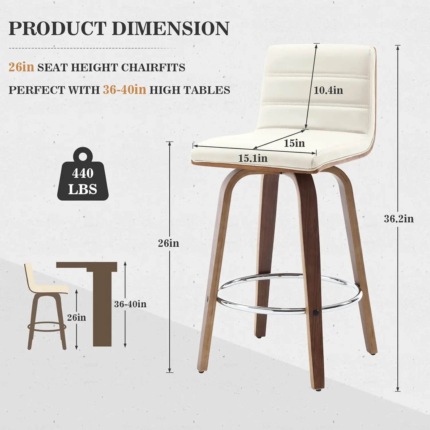 Bar Stools 26 Inch Counter Height, Set of 3, PU Leather Swivel Counter Stools with Backs, L Shape Back and Bentwood Legs