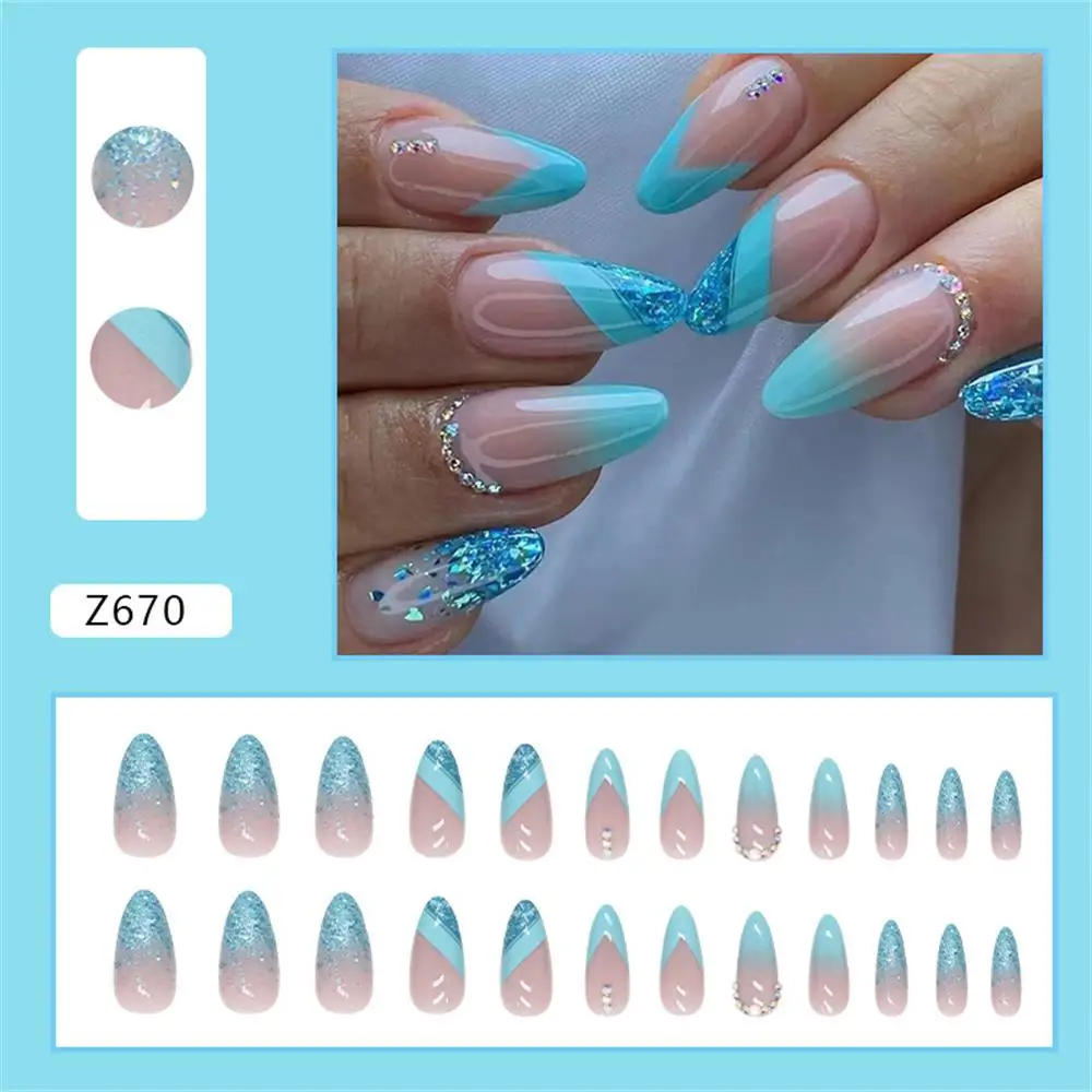 Glitter Powder Nail Manicure Nail Enhancement Lake Blue Broken Press On Nails Fake Nails False Nails