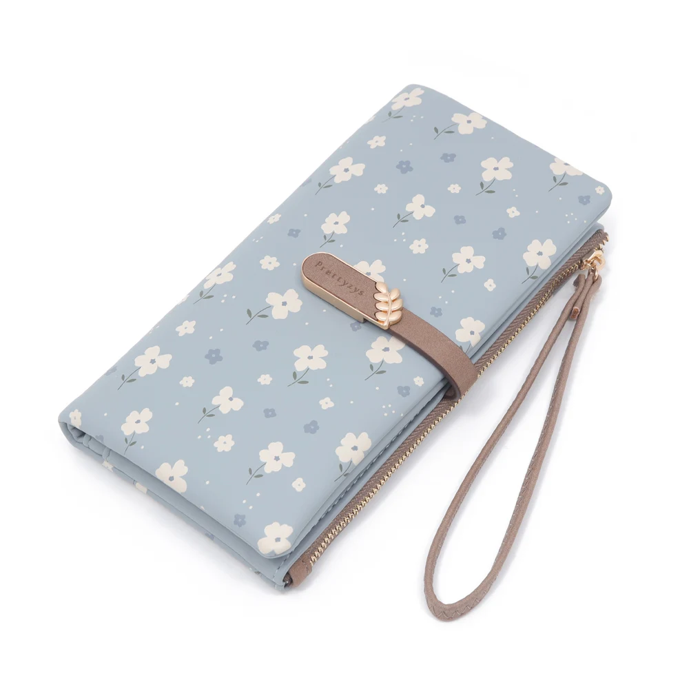 Women Long Wallet Cute Leaf Flower Pattern Design Girl Zipper Coin Purse Ladies ID Credit Card Holder PU Small Clutch Money Bag