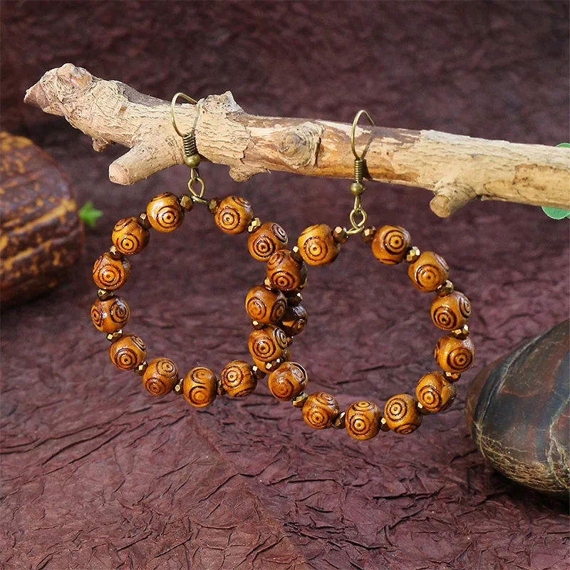 Ethnic Bohemian Vintage Wooden Beaded Dangle Earrings For Women Geometric Hoop Tassel Antique Gold Color Earrings Pendientes view 5