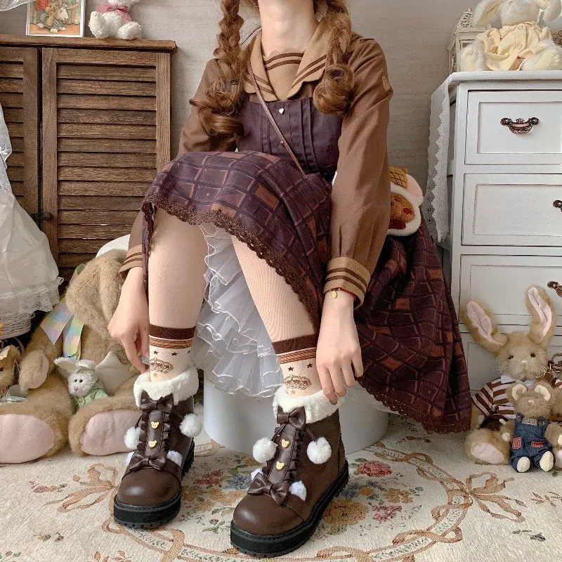 Inverno do plutônio japonês lolita botas macio dedo do pé redondo kawaii anime cosplay sapatos femininos lolita tornozelo botas mais veludo quente loli bota