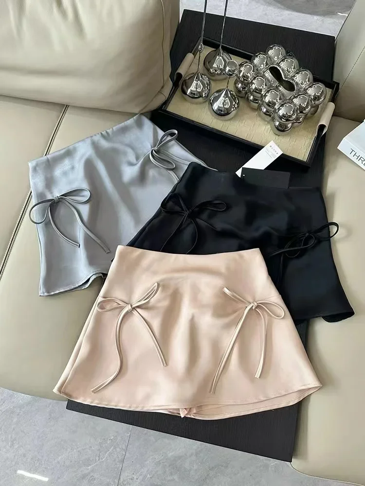 

Bow Lace-up Satin Y2k Mini Skirts Women Pink Korean Style A-Line Skirts Summer 2025 High Waist Sexy Slim Sweet Short Skirts New