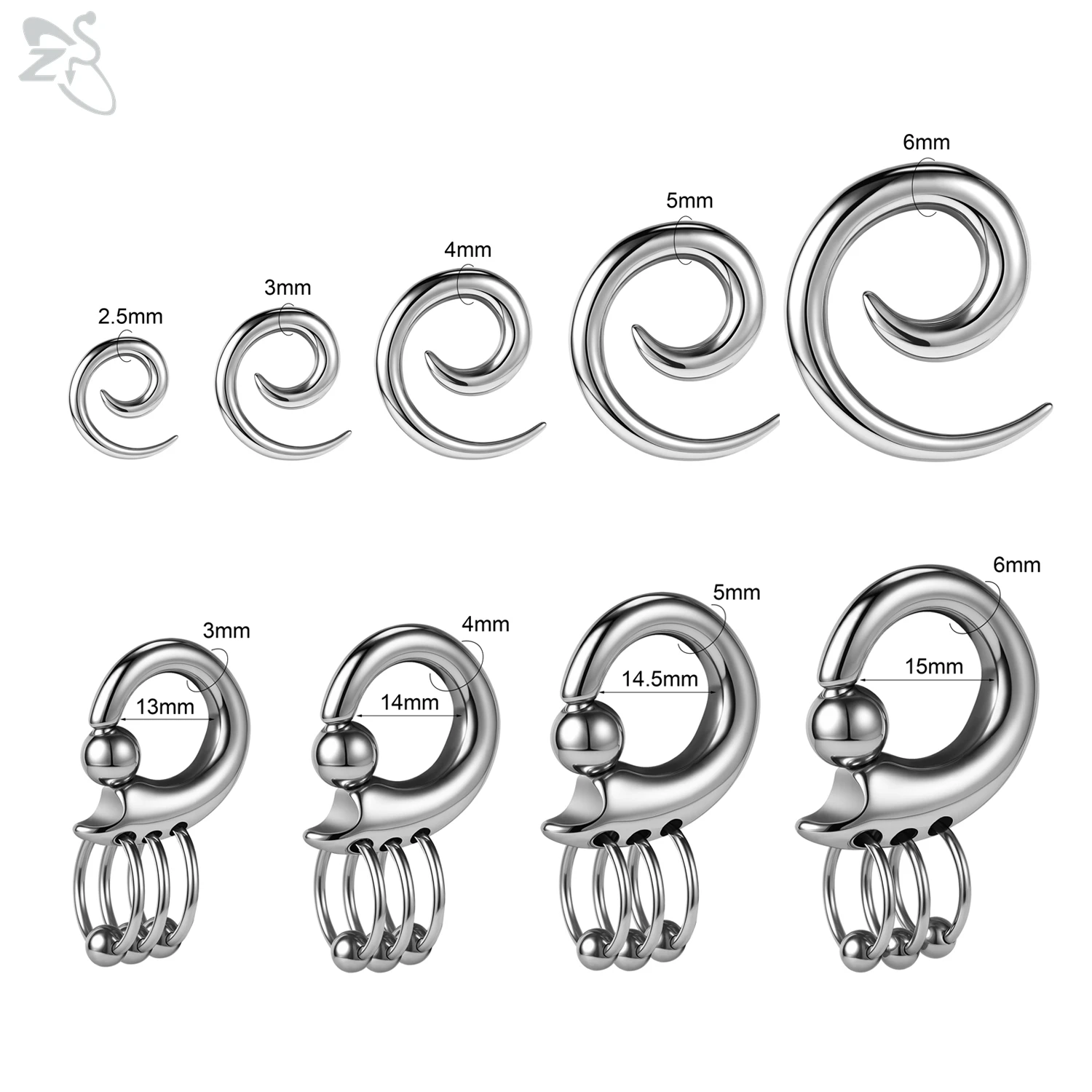 ZS 1 Piece 2.5-6MM Stainless Steel Snail Shape Ear Plug Tunnel Silver Color Punk Flesh Expansion Stretcher Nose Piercing Jewelry