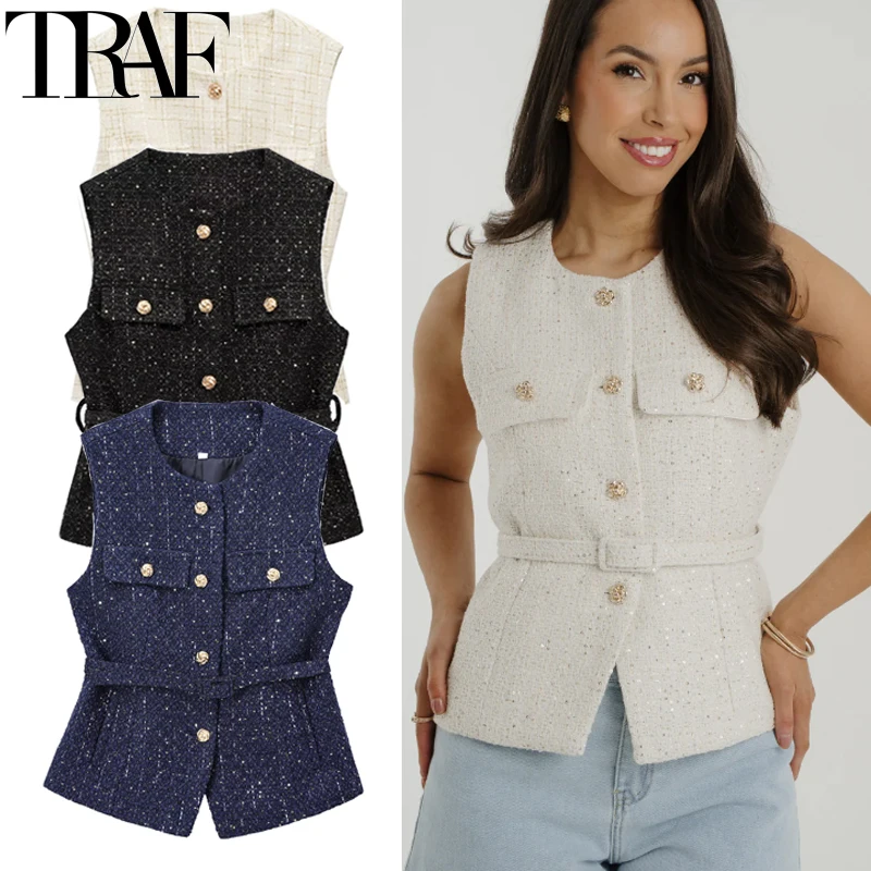 

TRAF Women's Vest Sleeveless Cropped Black Blue Vest Summer Button Jacket Outerwears Elegant Waistcoat Woman Casual Coats 088