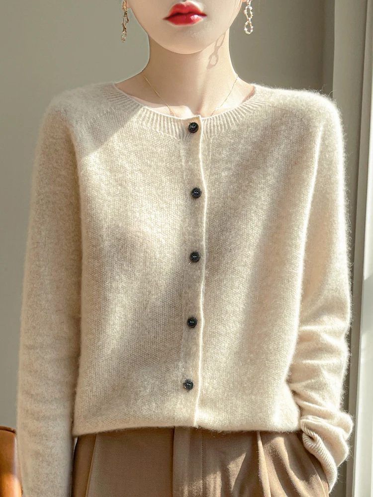 Women O-neck Cashmere Cardigan Spring Autumn Sweater 100% Merino Wool Knitwear Soft Comfort Wool Clothing Elegant Tops