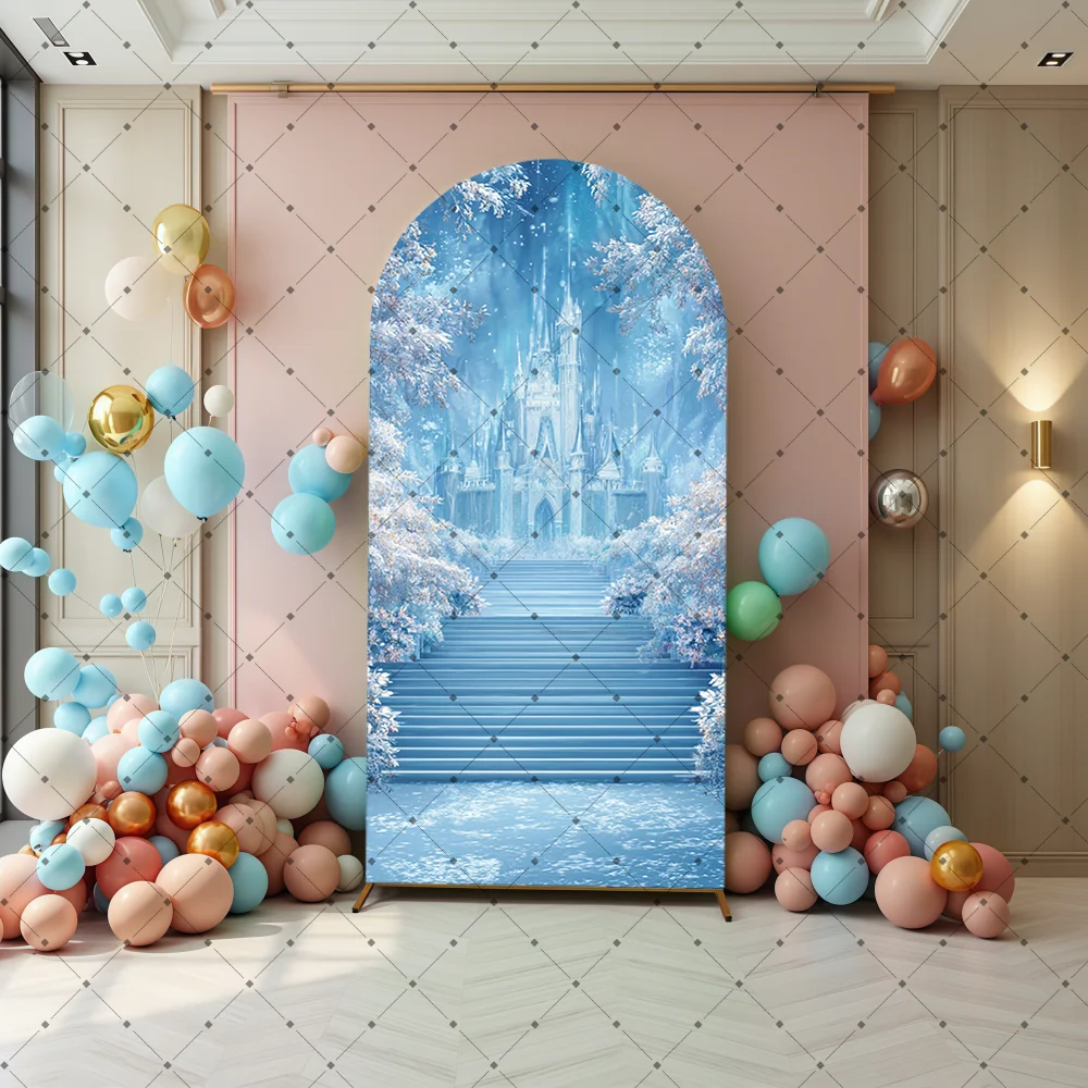 Double-sided Frozen Castle Snow Arch Backdrop Cover Winter Wonderland Kids Birthday Party Decor Background Cover Arched