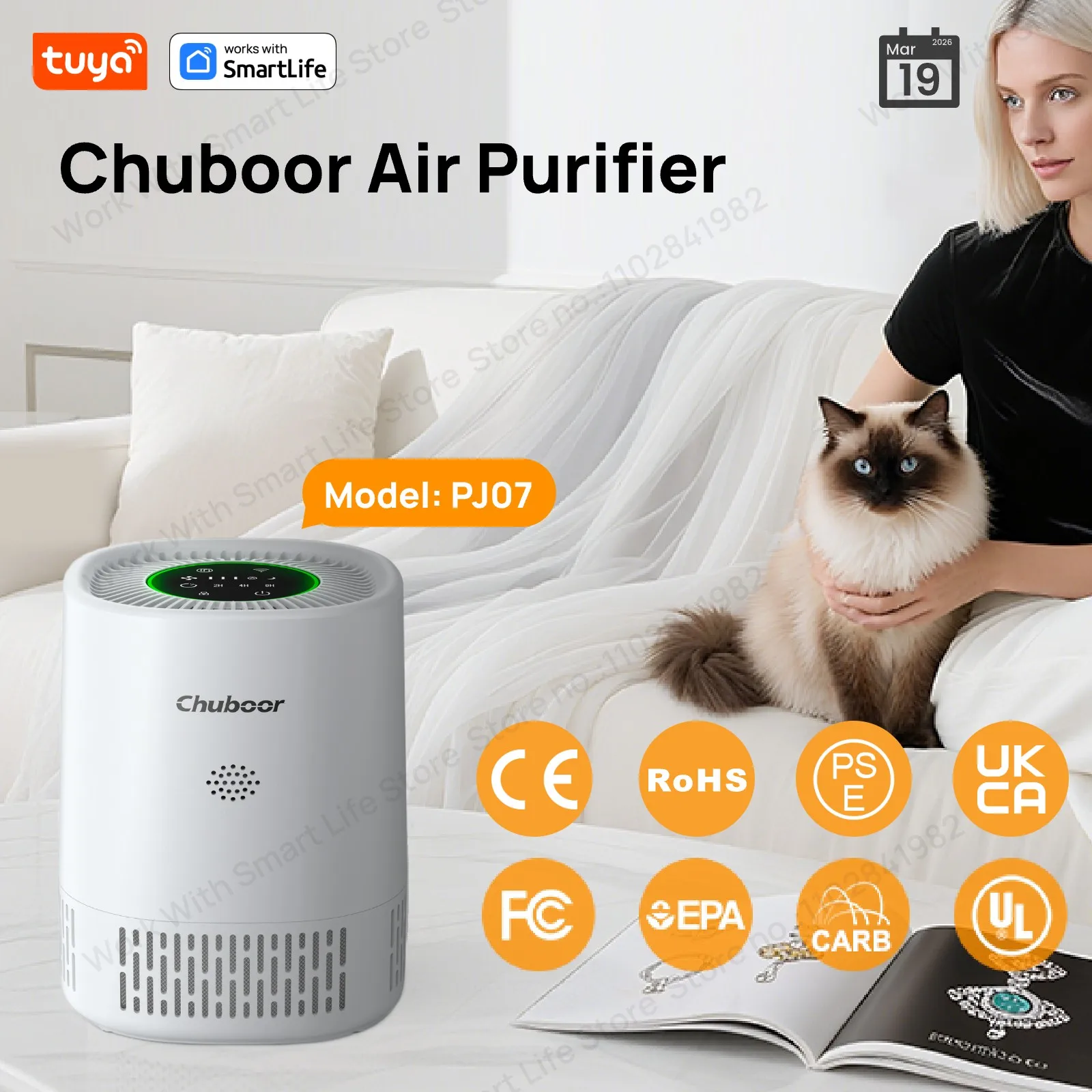 

PJ07 Pro Tuya Smart Air Purifier, App Control & Timer,24dB 3-Speed H13 HEPA+Carbon,15㎡for Office/Study/Baby Room, Alexa/Google