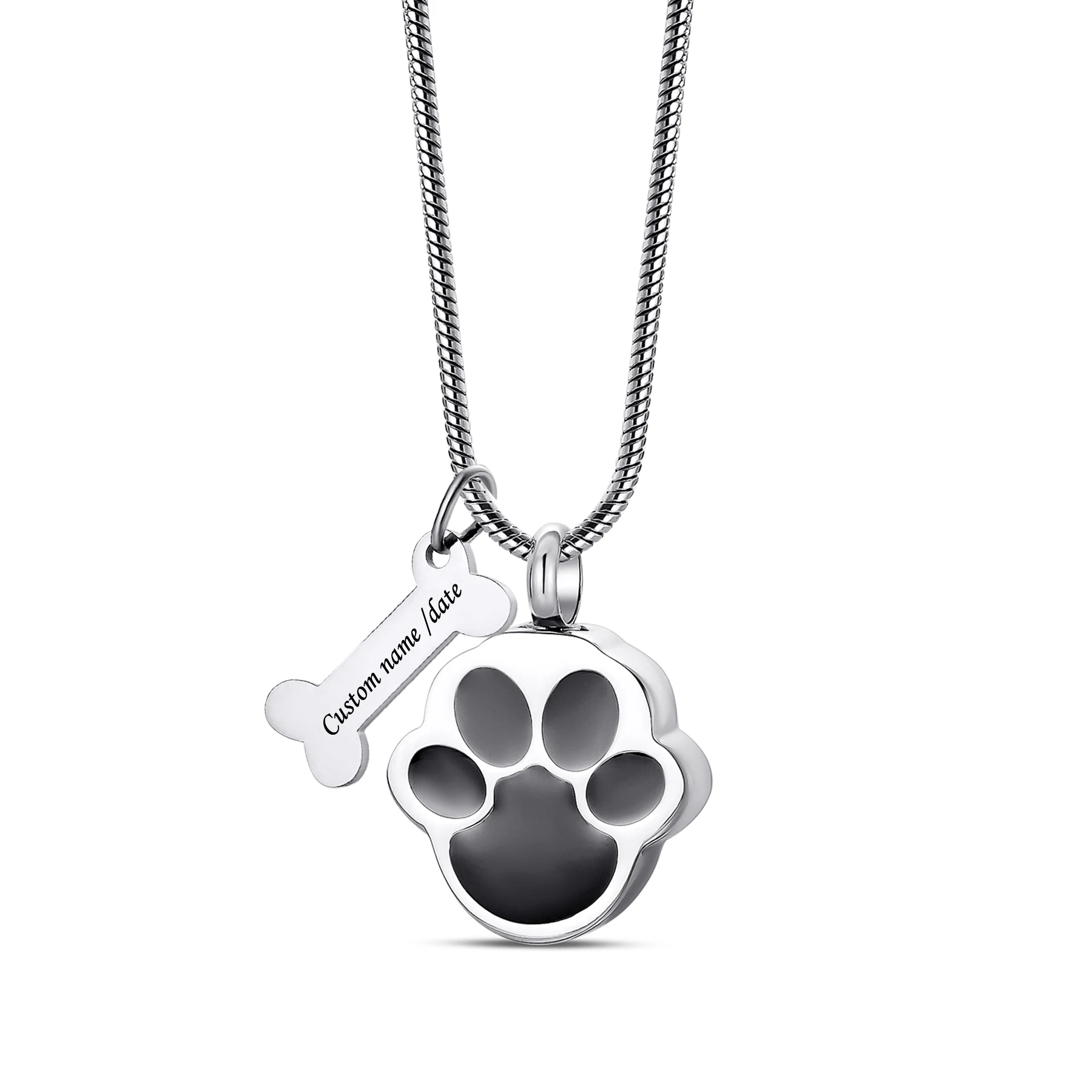 Paw Print Urn Necklace for Ashes Stainless Steel Cremation Jewelry Necklace for Pet Ashes Memorial Necklace with Dog Bone