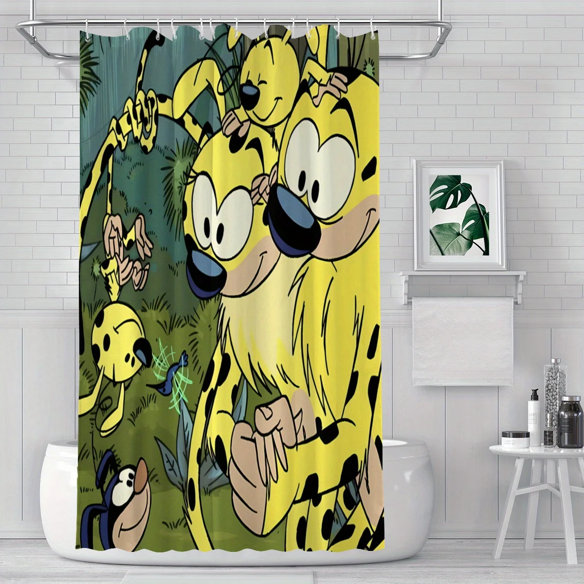 Jungle Animal Shower Curtain Yellow Spotted Character Playful Pose Green Foliage Original Illustration Bathroom Decor