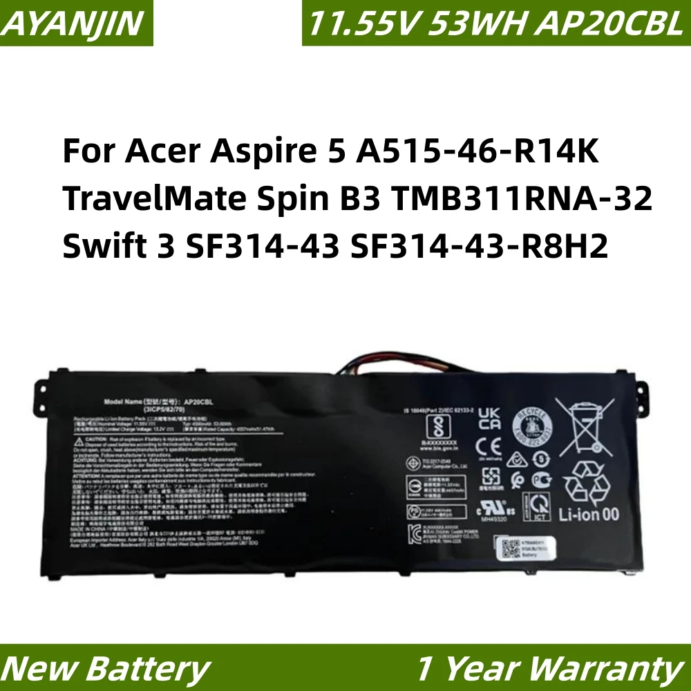 

11.55V 53WH AP20CBL Laptop Battery For Acer Aspire 5 A515-46-R14K TravelMate Spin B3 TMB311RNA-32 Swift 3 SF314-43 SF314-43-R8H2