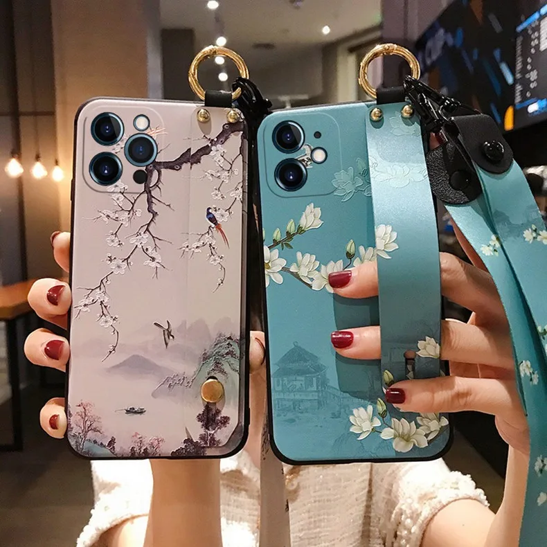 Coque de téléphone avec lanière à fleurs, étui arrière pour iPhone 16 17 15 14 13 12 11 Pro Max 16E Xs Max XR 7 8 Plus, dragonne, support de téléphone