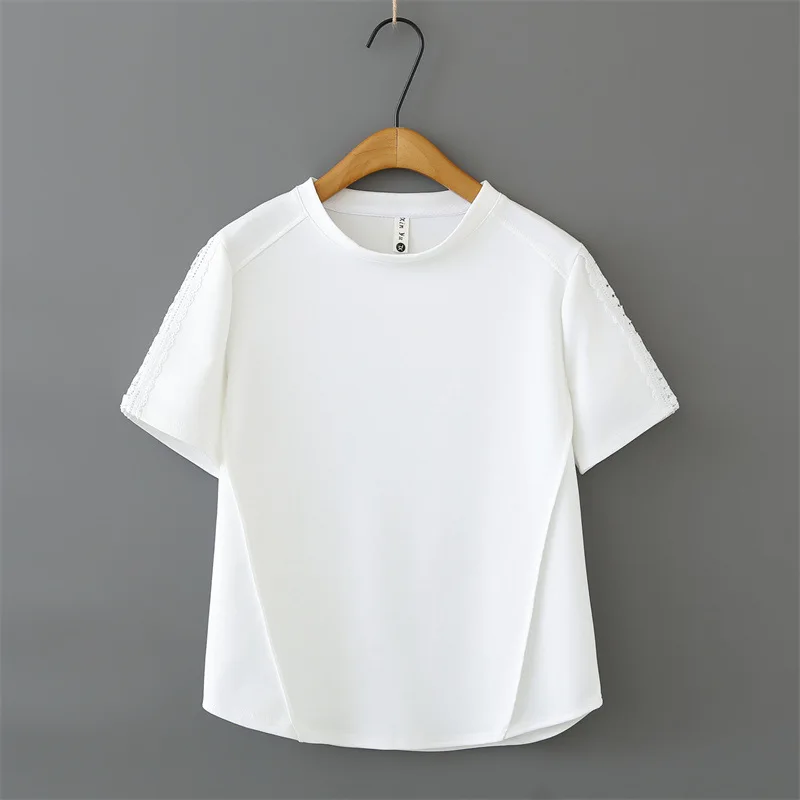 

New Summer Women Plus Size Lace Short Sleeve T Shirts O Neck Casual Loose Fit Simple Tops For Curvy Women 2607