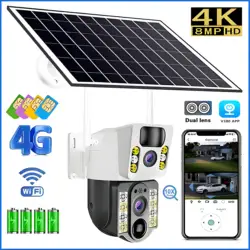 Solar Camera 8MP 4K 4G Sim Outdoor Dual Lens Wireless WiFi IP  Cam PIR Night Vision Auto Tracking Solar Panel Surveillance CCTV