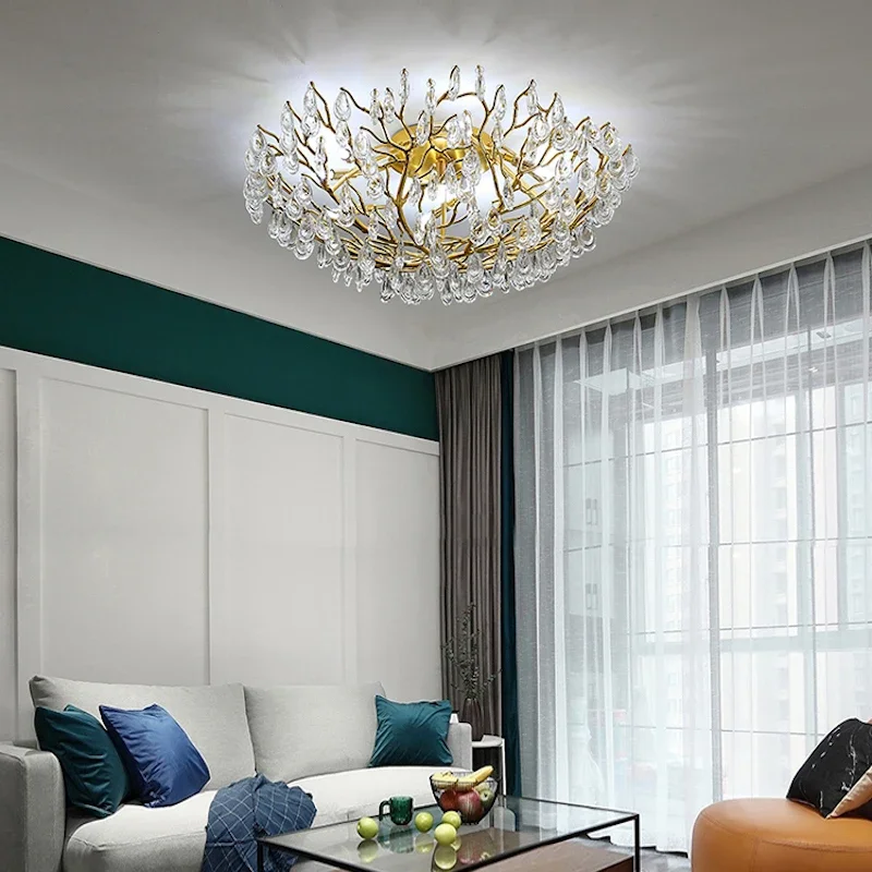 Modern LED Crystal Ceiling Lamp Chandelier Living Room Bedroom Lamp Office Round Aluminum Tree Branch Ceiling Lamp