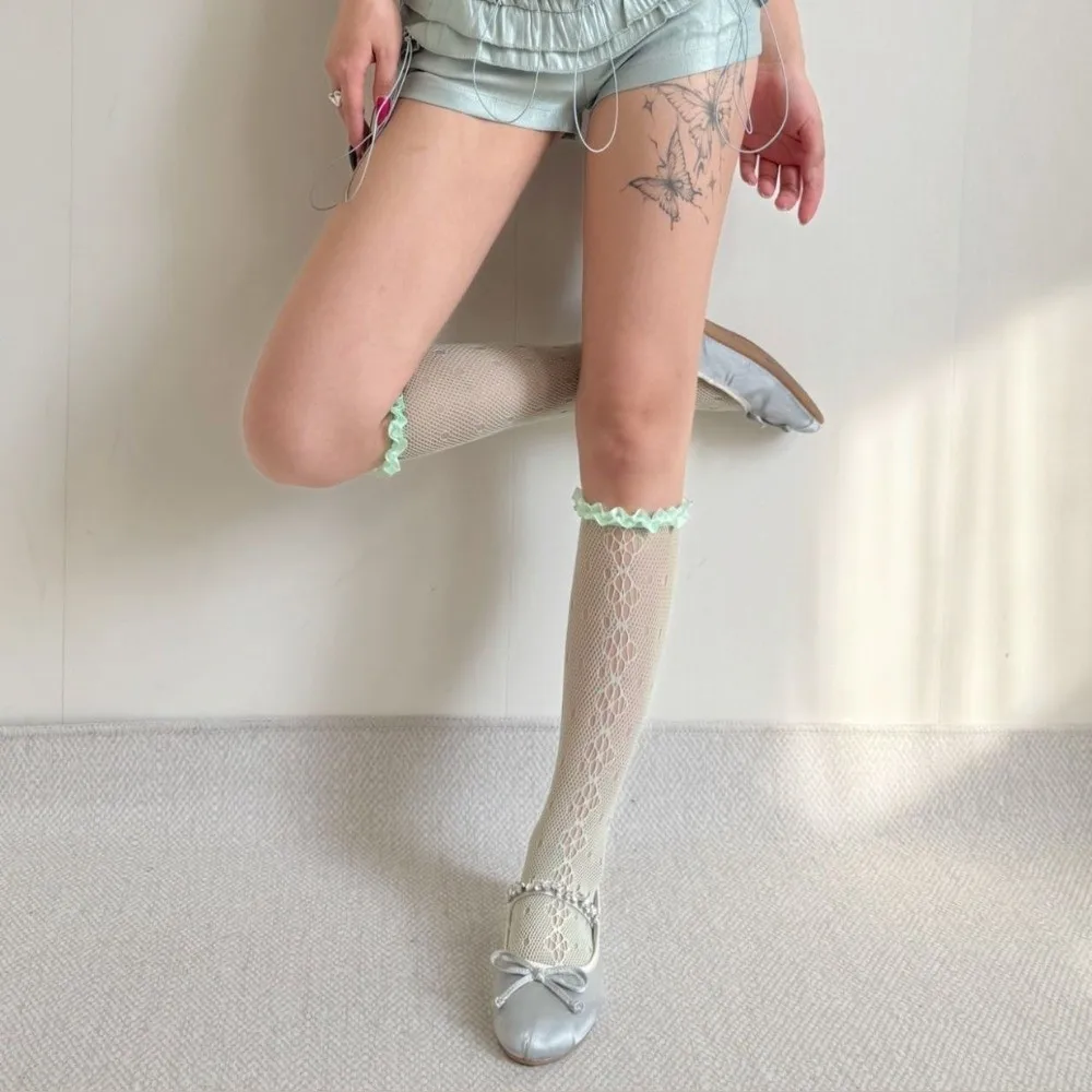 Dopamine Colorful Lulicore Socks Mesh Sweet Ruffle Socks Hollow Flower Lace Fishnet Calf Socks Lolita