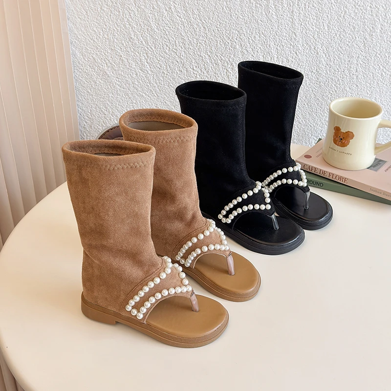 

Summer Girl's Boots Open Toe Pearl Slip-on Fashion Kid's Flat Shoe Solid Colors Anti-slip Daily Holiday Comfy Children Shoe
