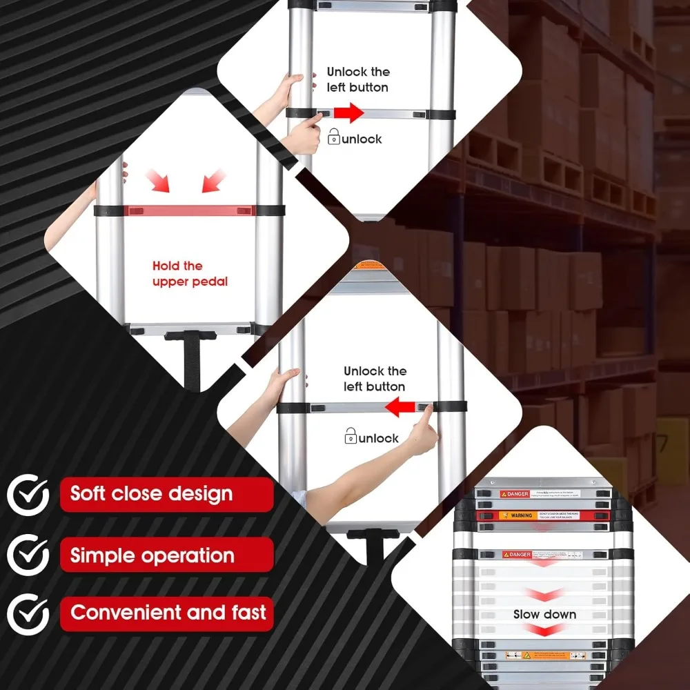سلم تمديد تلسكوبي من الألومنيوم بطول 12.5 قدم - تصميم إغلاق ناعم للاستخدام المنزلي والمتعدد الأغراض