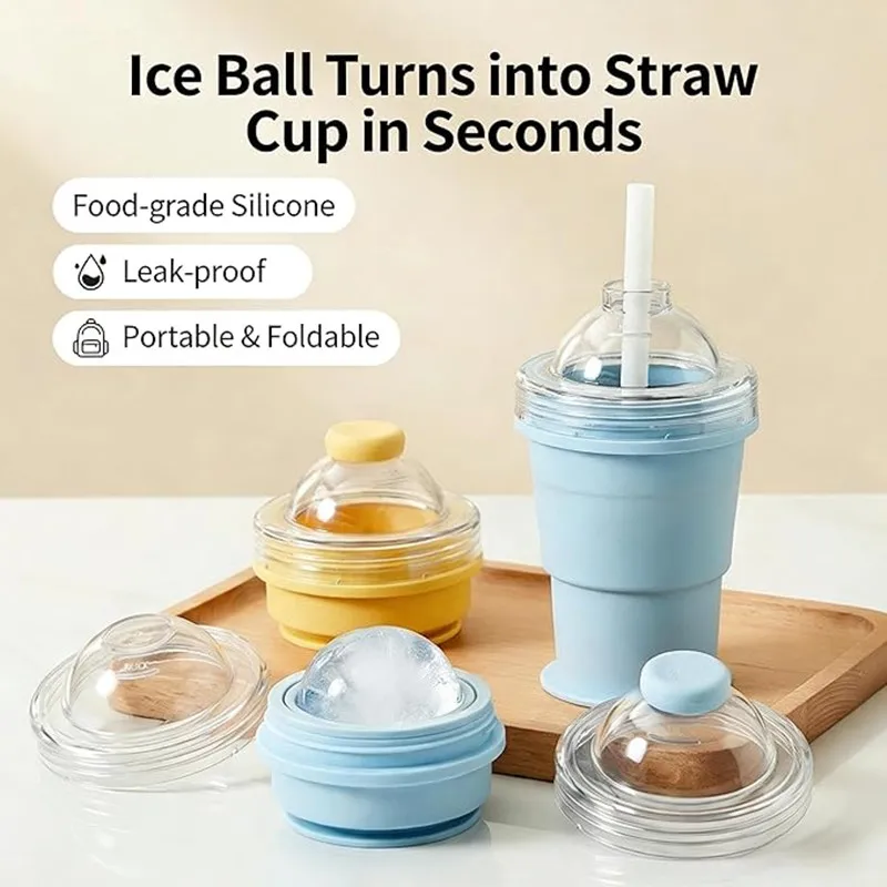2-in-1 Foldable Ice Ball Cup with Straw, Food-Grade Silicone Leakproof Collapsible Tumbler,Smoothies, Travel, Summer Drinks
