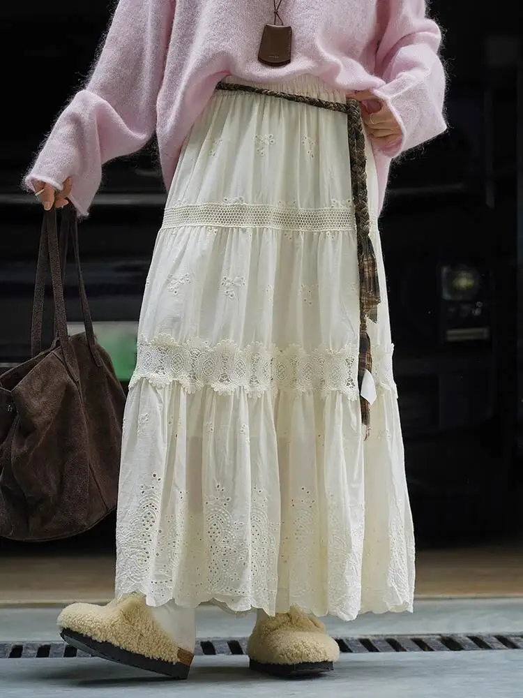 

High Elastic Waist Beige Yellow Lace Hollow Out A-line Half-body Skirt Women Fashion Tide New Spring Autumn