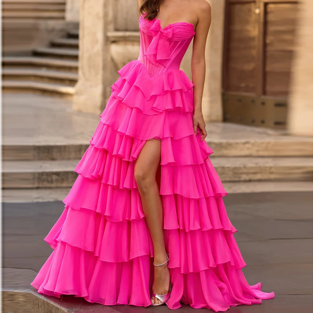 

Customized A-line Evening Dresses Floor-length Strapless Sleeveless Prom Gown Fashion Bow Tiered Draped Backless Party Gown